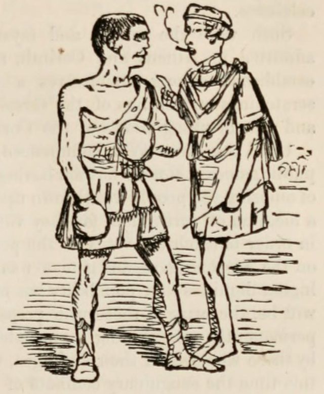 Caricatura de un gladiador romano con guantes de boxeo conversando con su patrocinador, que fuma un cigarro.