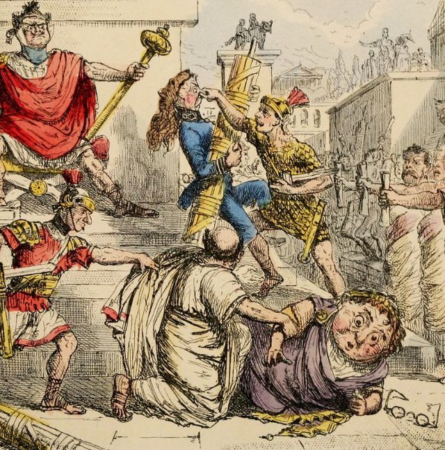 Caricatura coloreada de una pelea en el Senado romano: un rey con cetro observa mientras varios senadores caen por las escaleras.